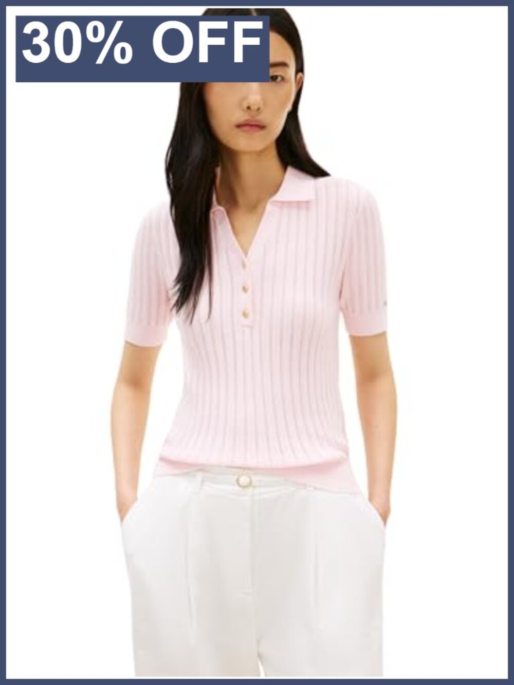 Tommy Hilfiger Cotton Polo Sweater Short Sleeve Pointelle Ribbed Knit V Neck